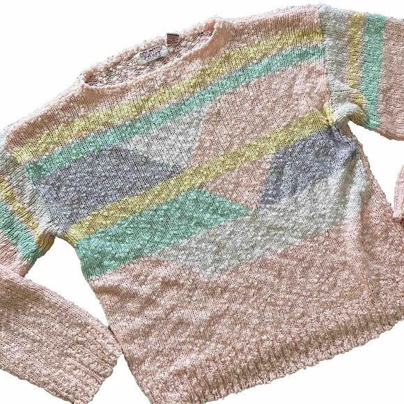 Vintage 80s Kawaii Fairy Kei Pastel Pink Chunky Knit Sweater Geometric Size L - Picture 1 of 7